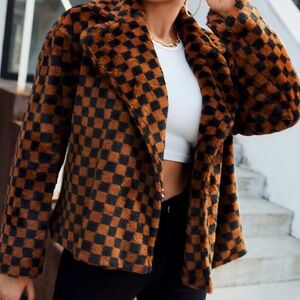 SHEIN Brown and Black Checkered Teddy Jacket